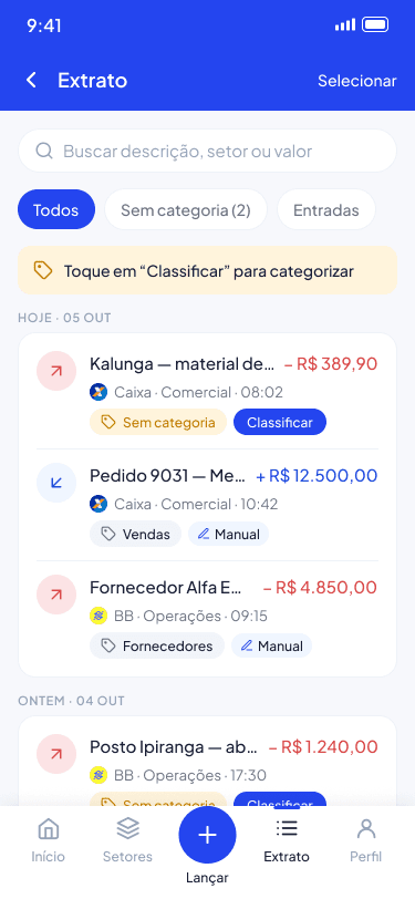 Extrato no app com lançamentos por conta e departamento e o botão Classificar